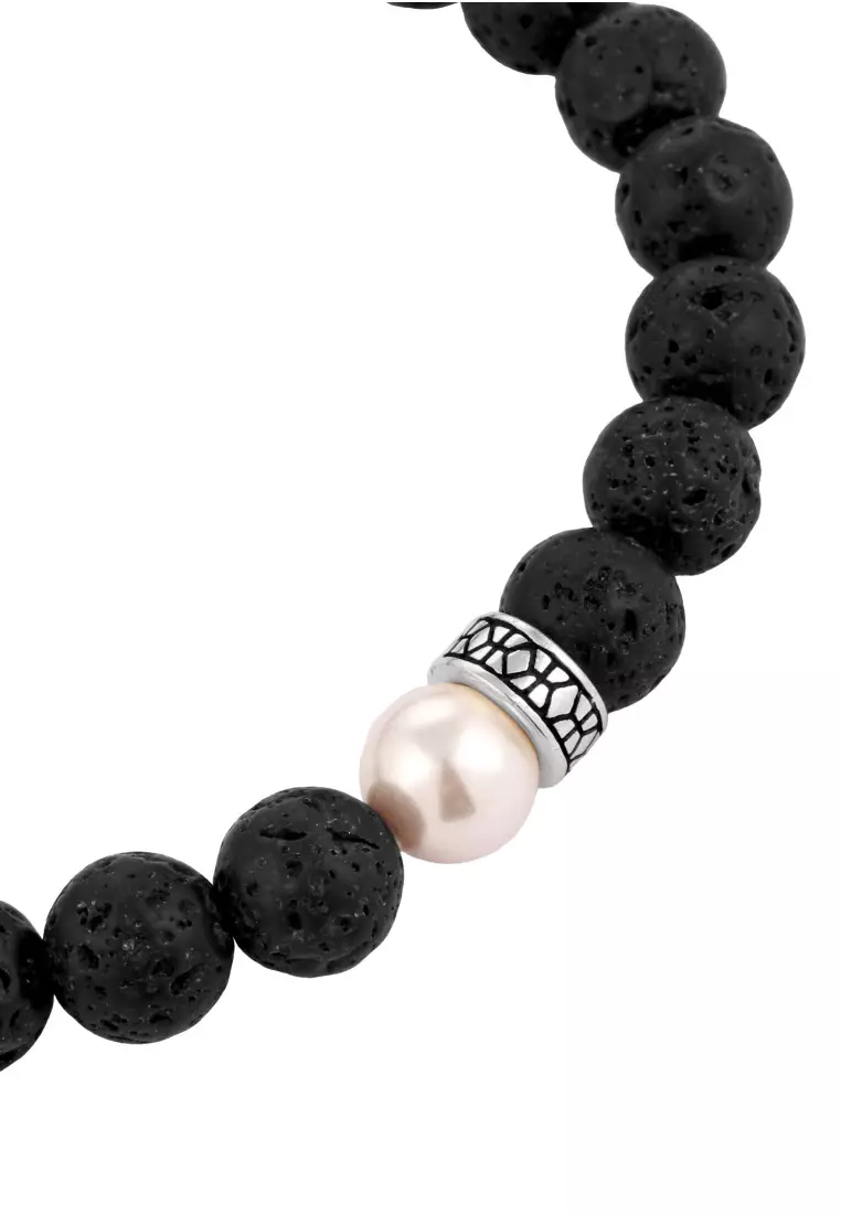 EXCLUSIVE Gelang Perhiasan Perak 925 Pria Lava Black Synthetic Pearl Embellished with Crystal by Swarovski®