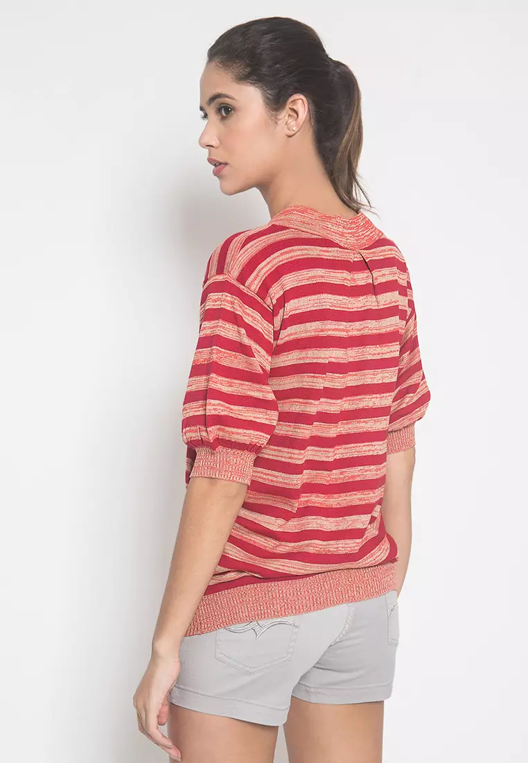 LGS - Sweater Wanita - Motif Salur - Merah - Slim Fit - LST.360.U678.077.C