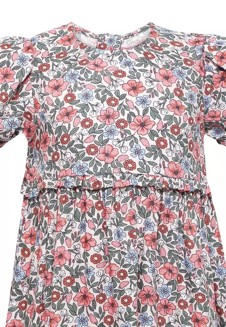 Qna Girl Bellvania Dress Midi Anak Pink Motif Bunga