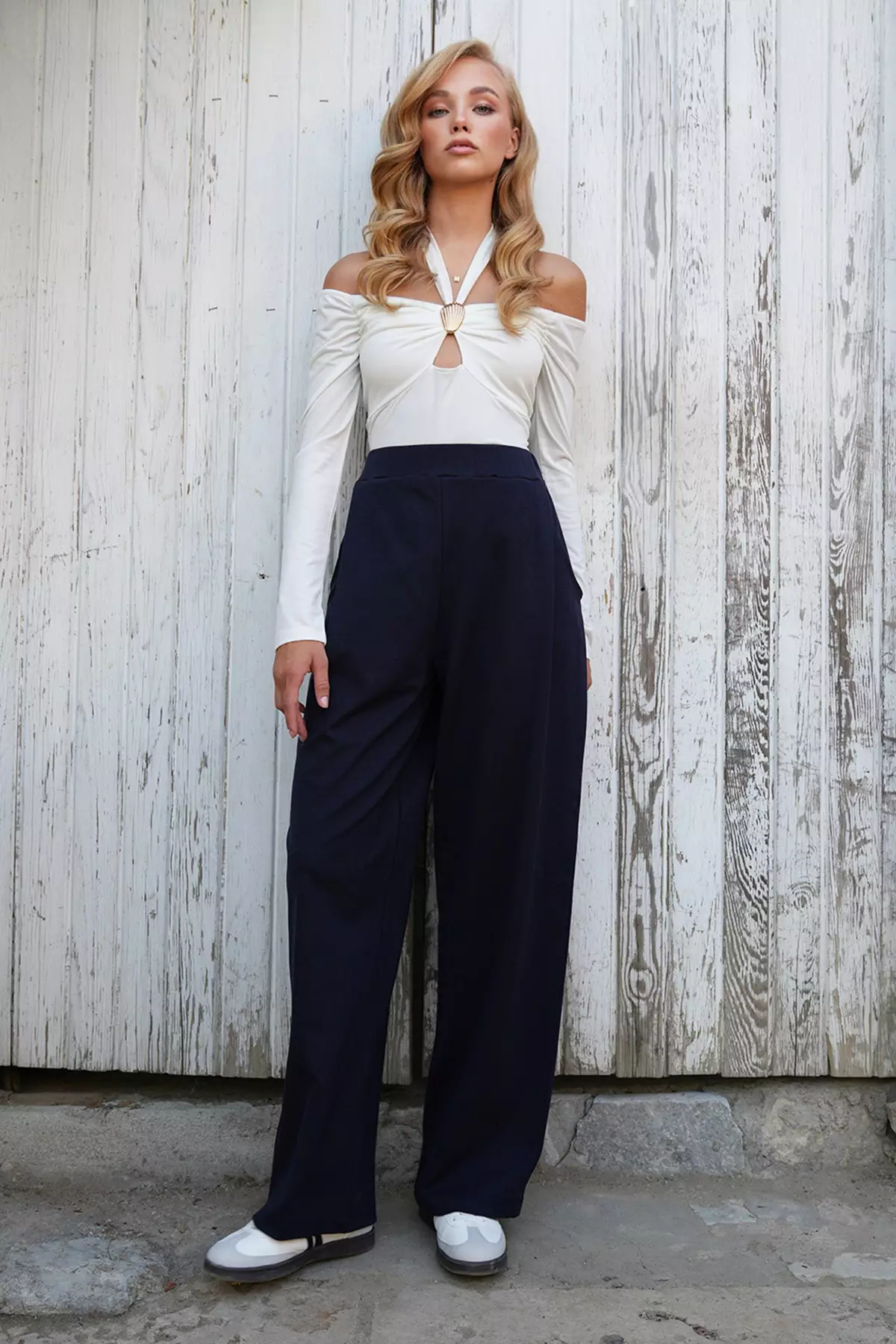 Women's Dark Navy Pleated Detailed Knitted Palazzo Trousers Alc-X14535