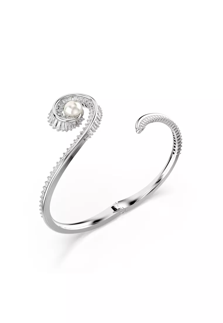 Ariana Grande x Swarovski bangle, Crystal pearl, Baguette cut, White, Rhodium plated