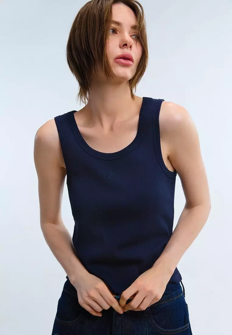 Ribbed Scoop Neck Tank Top - Blue