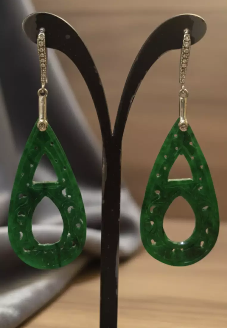 Jade Earrings Tear Drop Shaped With Pearls Anting Wanita Batu Giok Green