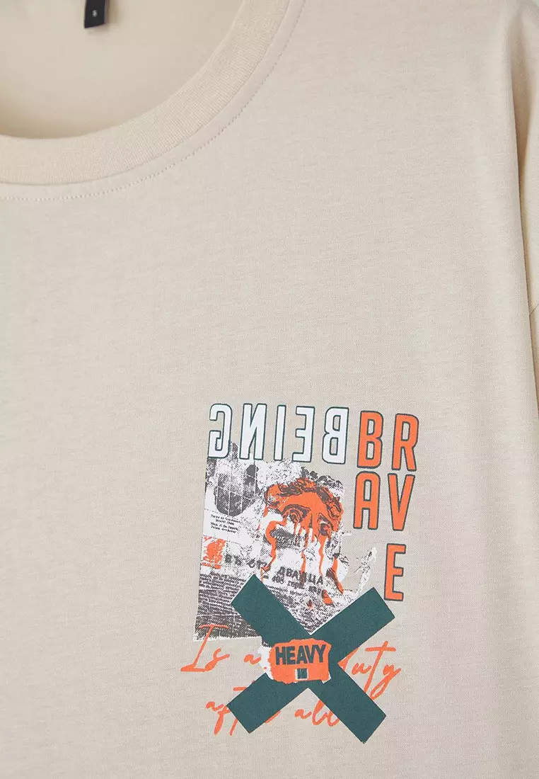 Stone Oversize/Wide Cut Short Sleeve Text Printed 100% Cotton T-Shirt TMNSS22TS2223