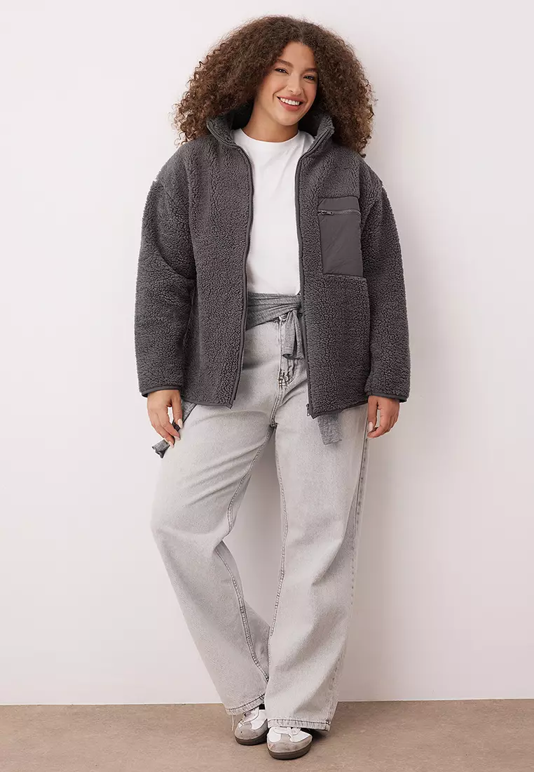 Winter Essentials Anthracite Thick Fleece Zippered Stand Collar Pocket Knitted Sweatshirt Tbbaw26Ao00022