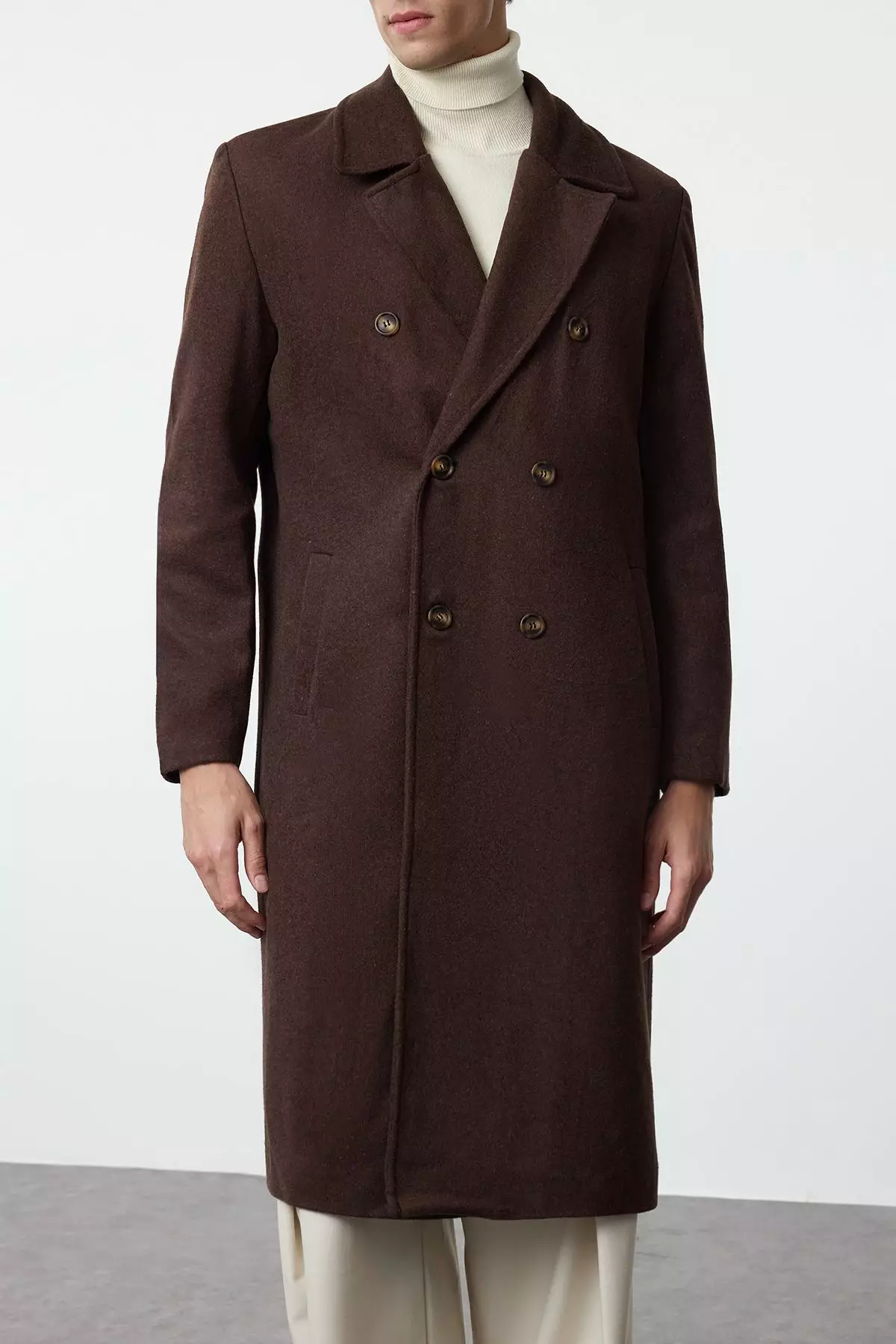 Brown Loose Fit Double Breasted Long Stitched Winter Coat TMNAW23KB00003