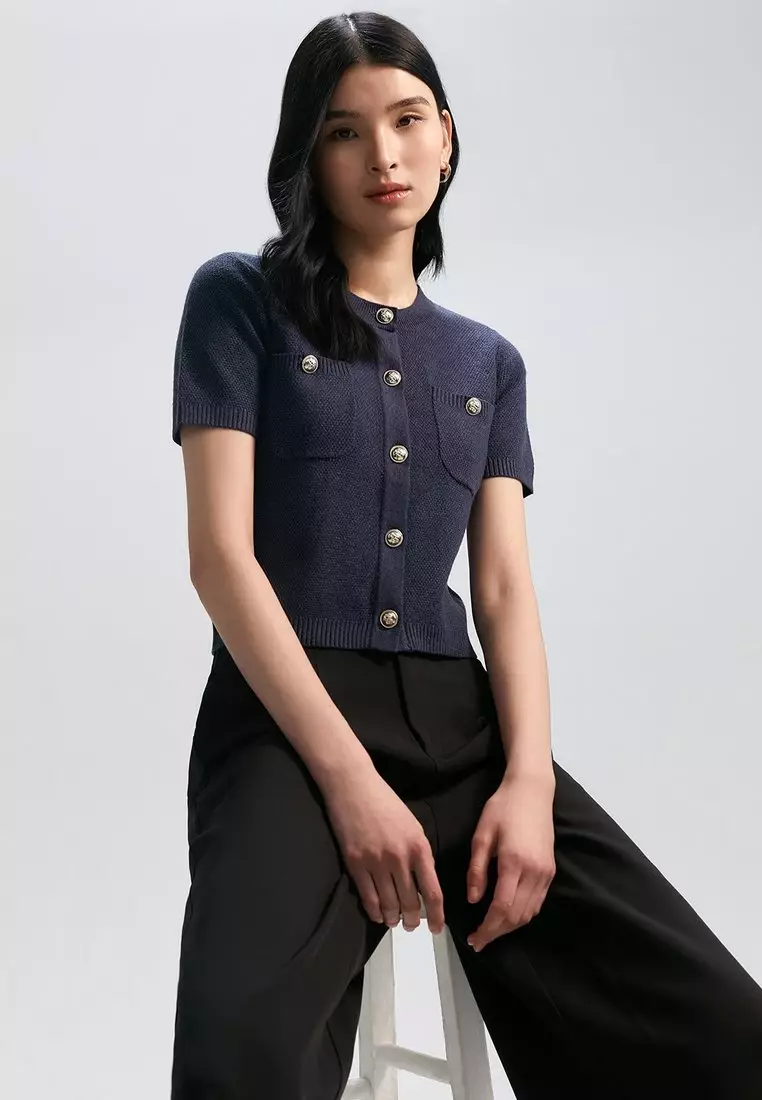 Gold Button Detail Short-Sleeve Cardigan - Dark Blue