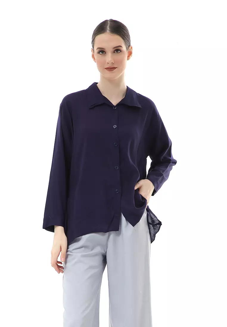 Ayudia Shirt Long Sleeve Atasan Wanita Premium Quality - Navy