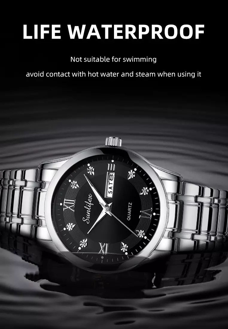 Jam Tangan Pria 9010 Kalender Kuarsa Tali Stainless Steel Bisnis Santai Jam Tangan Cowok silver black