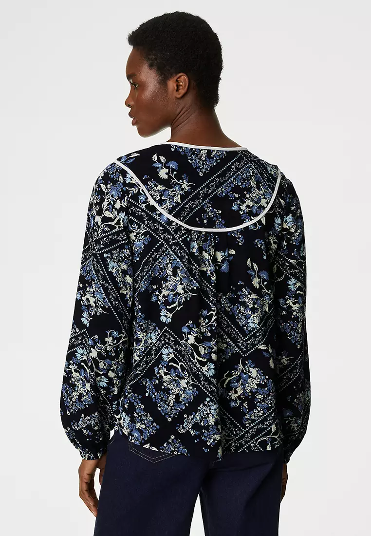 Cotton Blend Printed V-Neck Blouse