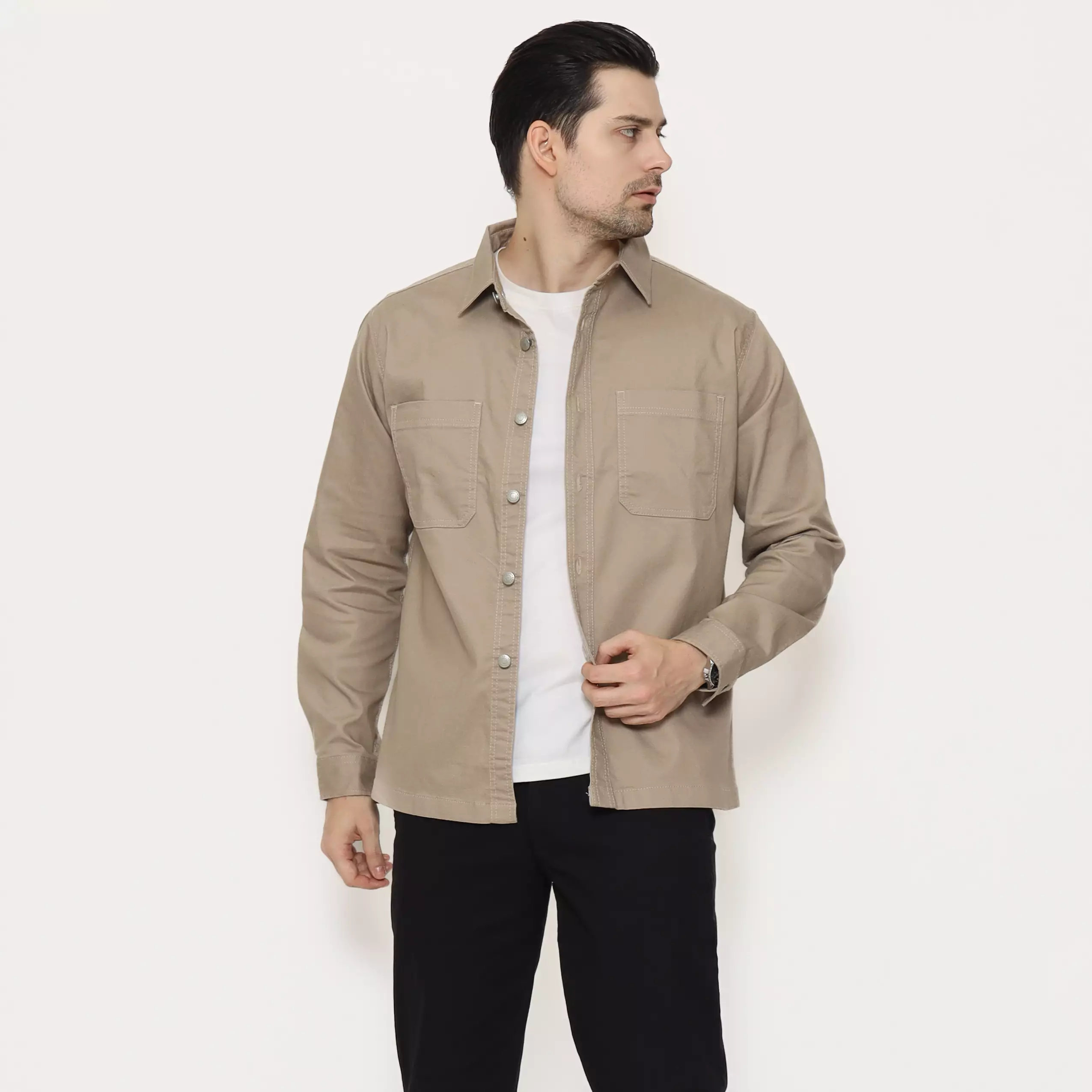 SCHOELLER JON-K6 Jaket Casual Pria Regular Fit Cotton Stretch Warna Cream