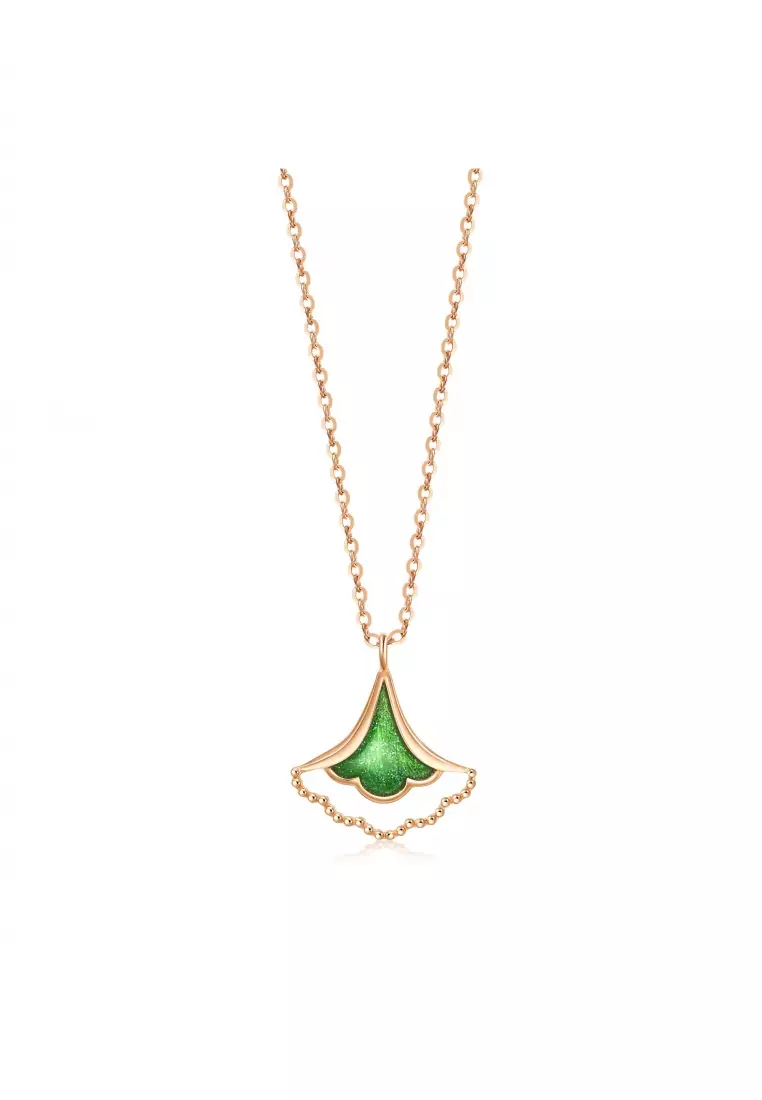 Delicate Gold 18K Rose Gold & Green Enamel Gingko Leaf Necklace for Women 92255N