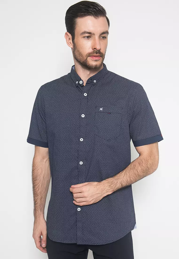 Johnwin - Kemeja Casual - Motif Polkadot - Navy - Slim Fit