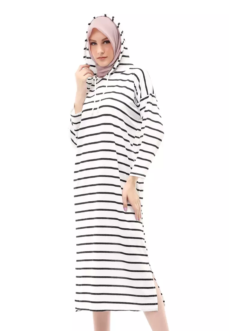 Mega Tunik Motif Stripe Atasan Wanita Long Sleeve Regular Fit - Putih B