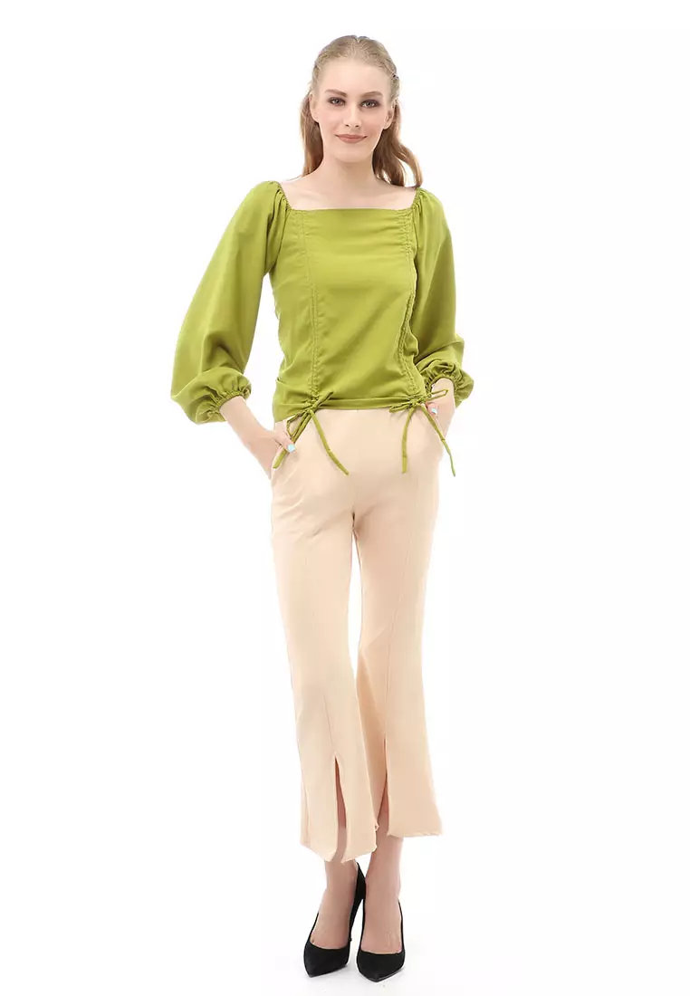 Cheva Blouse Atasan Wanita Sabrina Tali Lengan Panjang Casual Top Long Sleeve Comfortable Material Wolfis ORIGINAL - Green