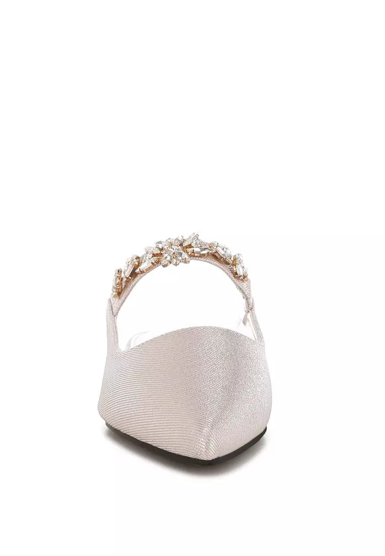 Diamante Strap Glitter Mules in Beige