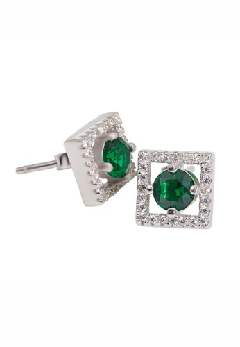 SHANTAL JEWELRY grey and white and green and silver Cubic Zirconia Silver Emerald Square Stud Earrings SH814AC01TQKSG_1