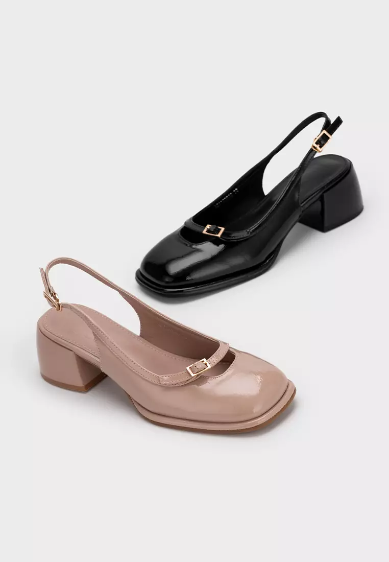 STEP-WIDE SQUARE TOE SLINGBACK CHUNKY HEEL