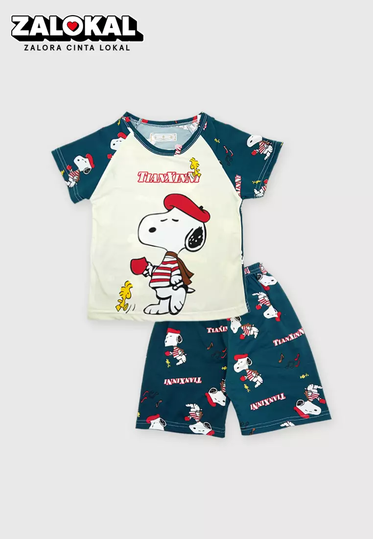 Setelan Anak Baju Lengan Pendek Set Baju Tidur Celana Kaos Motif Karakter Lucu Snoopy Import Venrz 4336