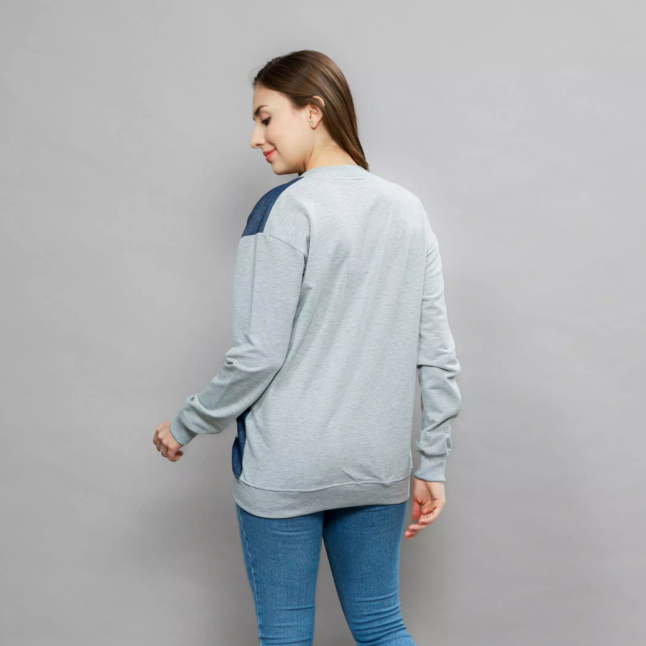 Enough For Today - Sweater Cardigan Motif Jeans Blue Denim Abu Misty Bahan Katun Babyterry Outer Denim Wanita Jaket Blazer