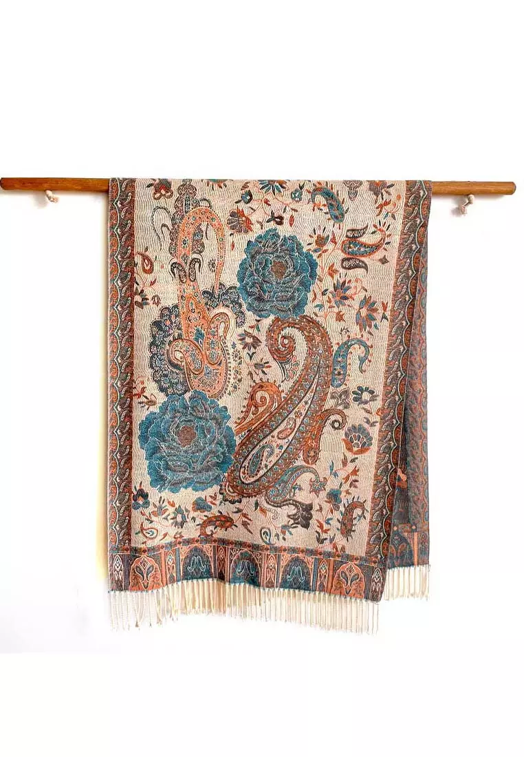 Syal Wanita Reversible Paisley Pattern Cashmere Pashmina Shawl Teal Marigold