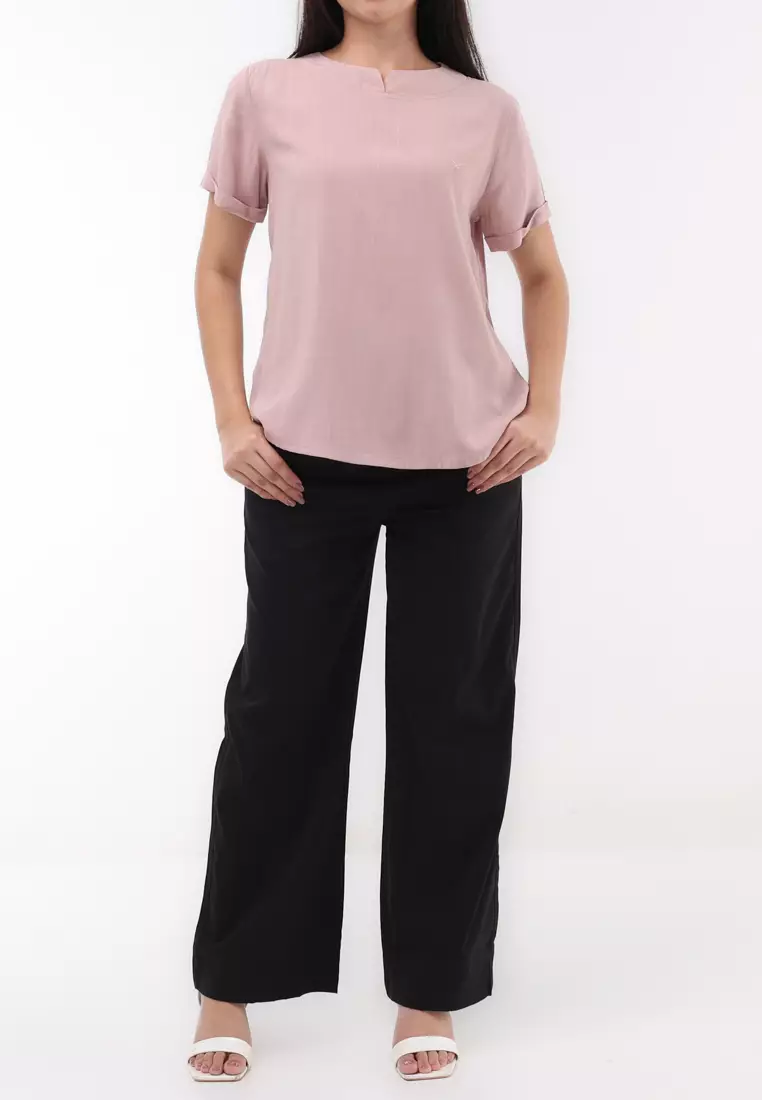 Woven Plain Soft Linen Short Sleeve Blouse