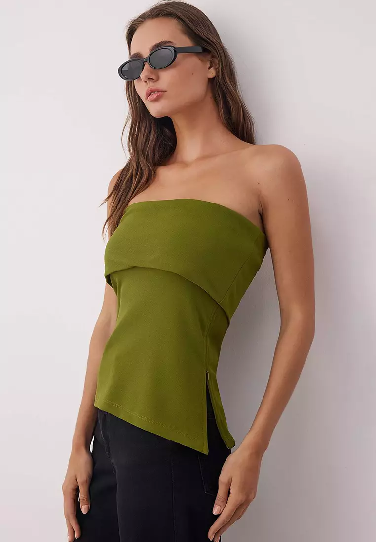 Oil Green Strapless Collar Side Zippered Crepe Knit Blouse Twoss23Bz00928