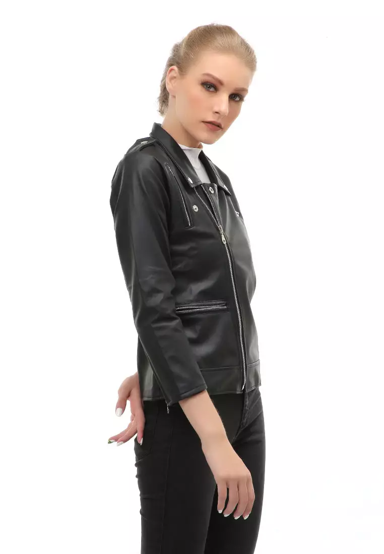 Glenice Jaket Kulit Casual Wanita Windproof Stylish Design Material Leather ORIGINAL - Black