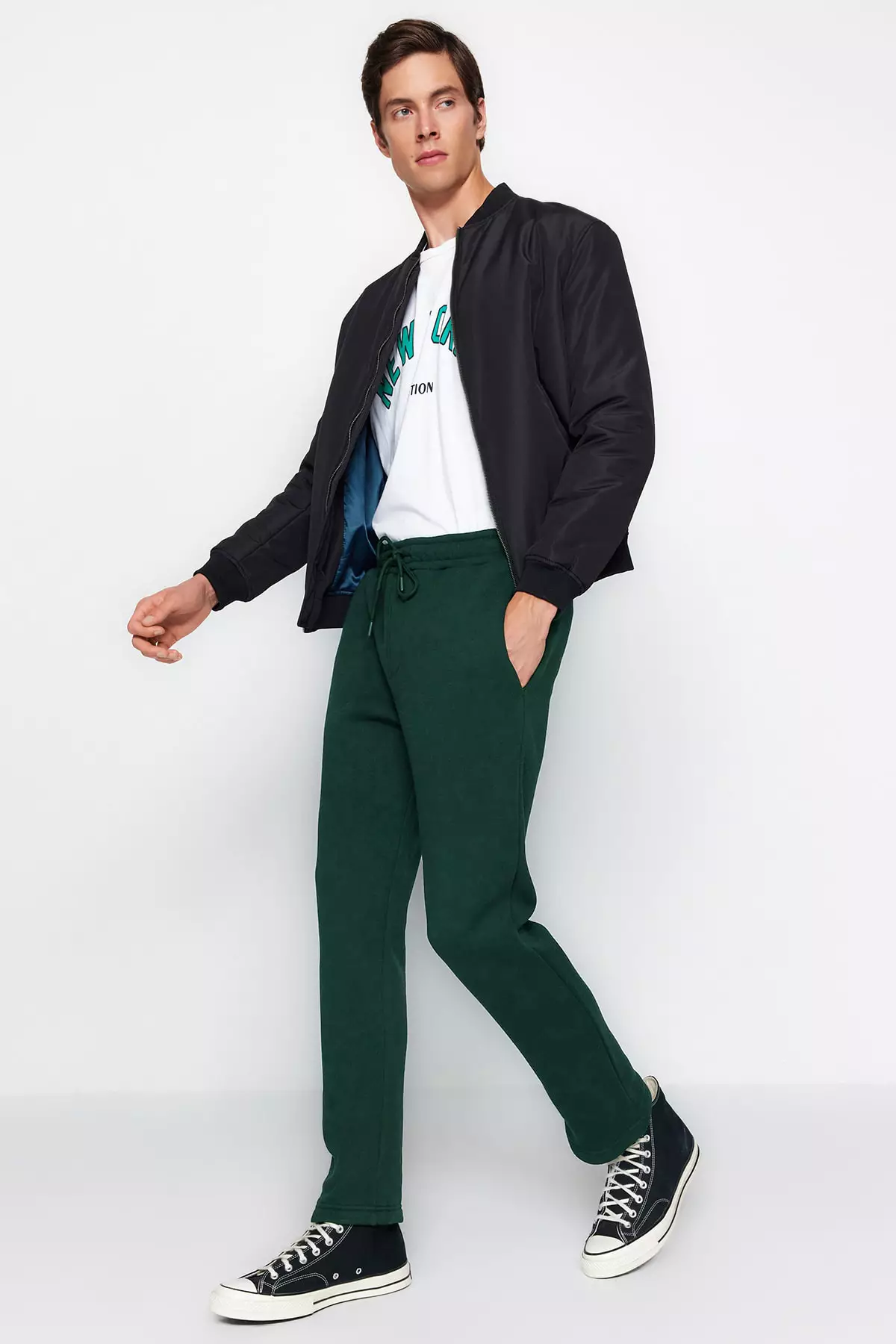 Green Regular Cut Cotton Open Leg Sweatpants