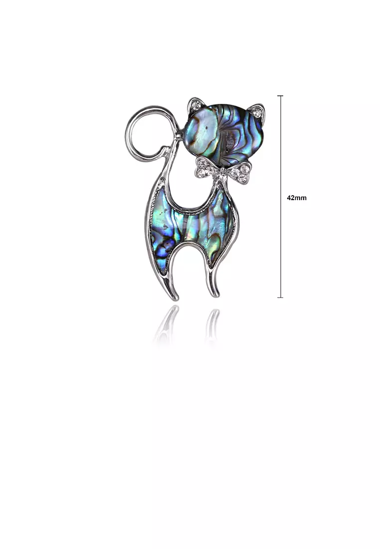 Simple and Cute Cat Blue Shell Brooch with Cubic Zirconia