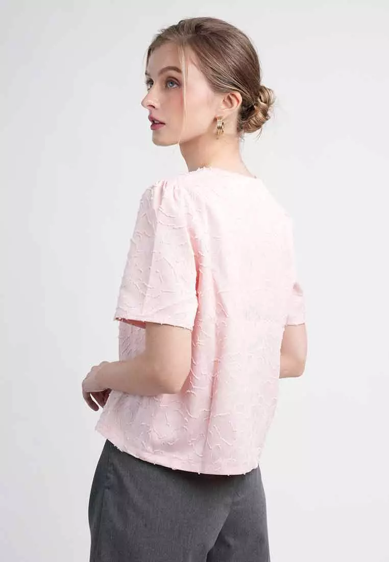 Sola Textured Zip-Front Blouse with Puff Sleeves