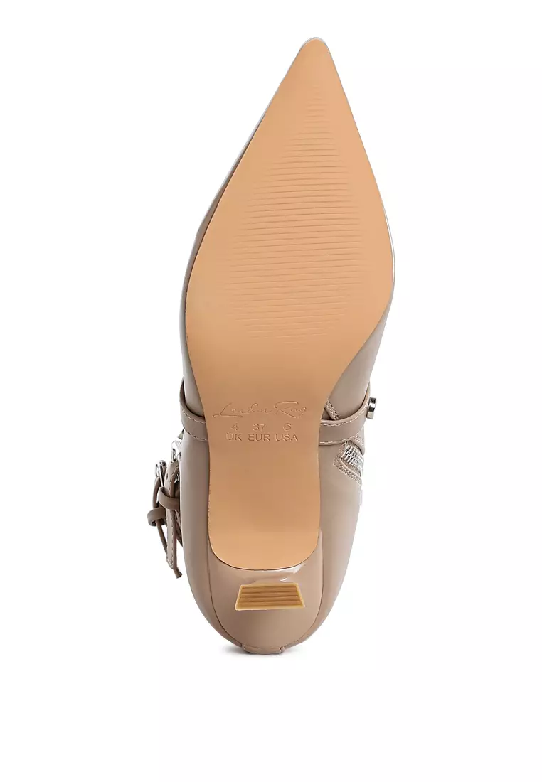 Eyelets & Studs Harness Ankle Boots in Beige