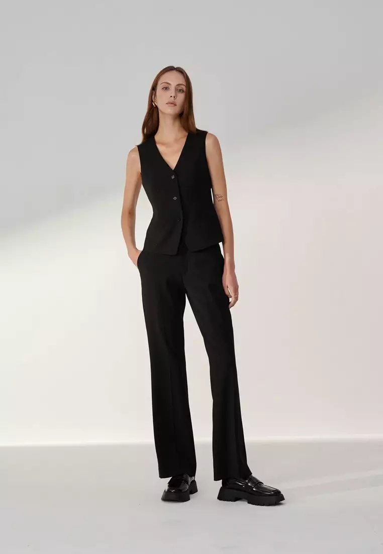 Silver Metallic Thread Textured Black Straight Leg Trousers