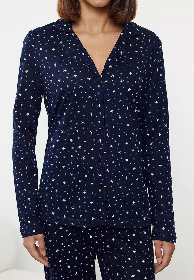 Navy Blue Galaxy Patterned Knitted Pajama Set