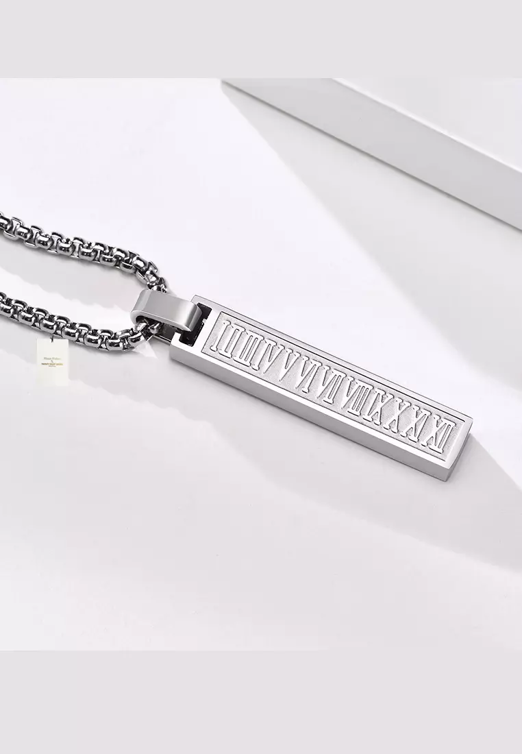 Titanium Steel Rectangular Bar Roman Numerals Pendant Necklace JW QX-1490