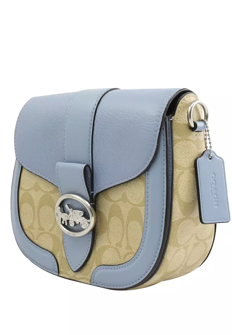 Coach Georgie Saddle Bag In Signature Canvas Light Brown Marble Blue