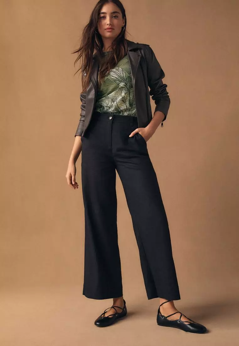 Smart Front Linen Blend Wide Leg Trousers