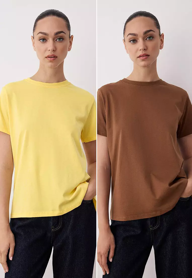 Brown Yellow Asymmetrical Front Back Detail Knitted T Shirt