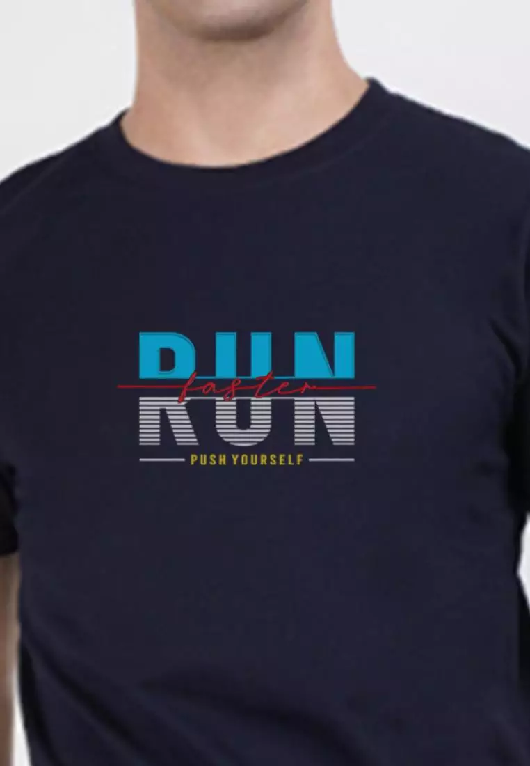 Run Graphic Print 海军蓝棉混纺短袖必备 T 恤