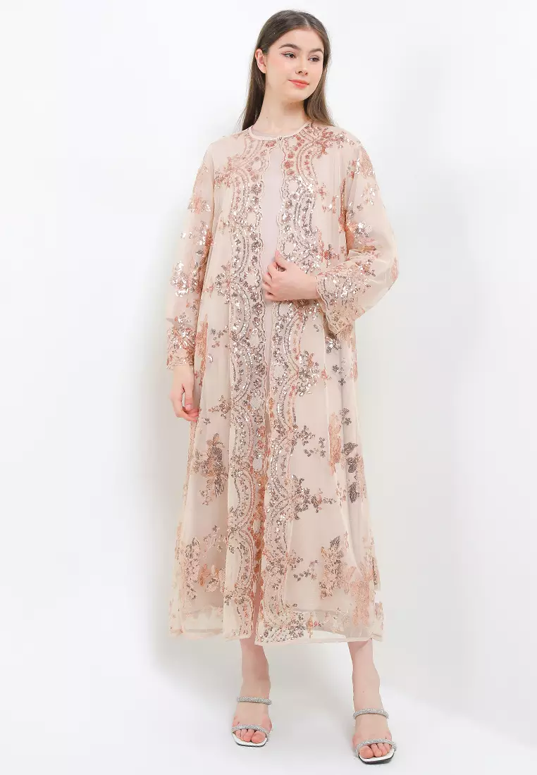 L/S Sequined Emb Mesh Outer With Separate Inner Dress