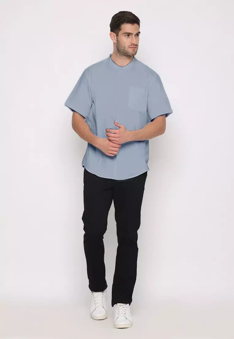 POLICE Kemeja Koko Polos Cotton Soft Blue Grey Regular Fit Lengan Pendek Pria