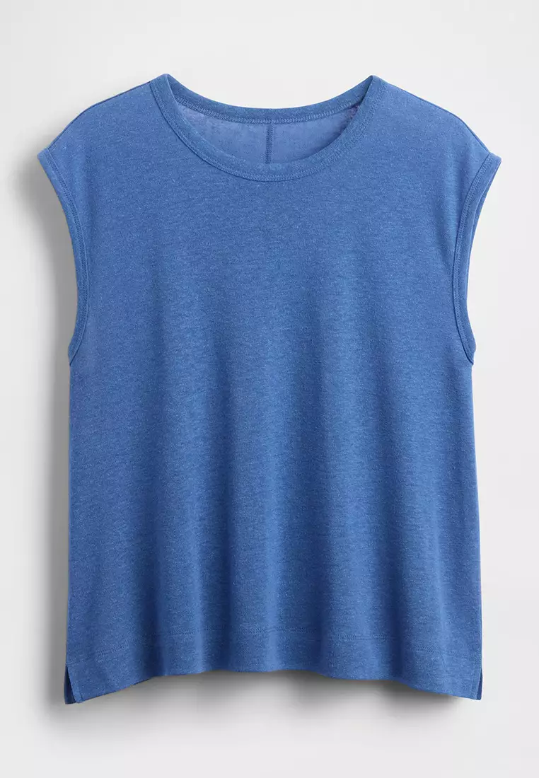 Linen-Blend Crewneck Shell Tank Top