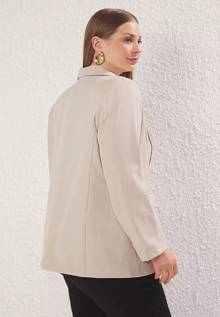 Beige Linen Look Woven Plus Size Jacket TBBSS25AG00010