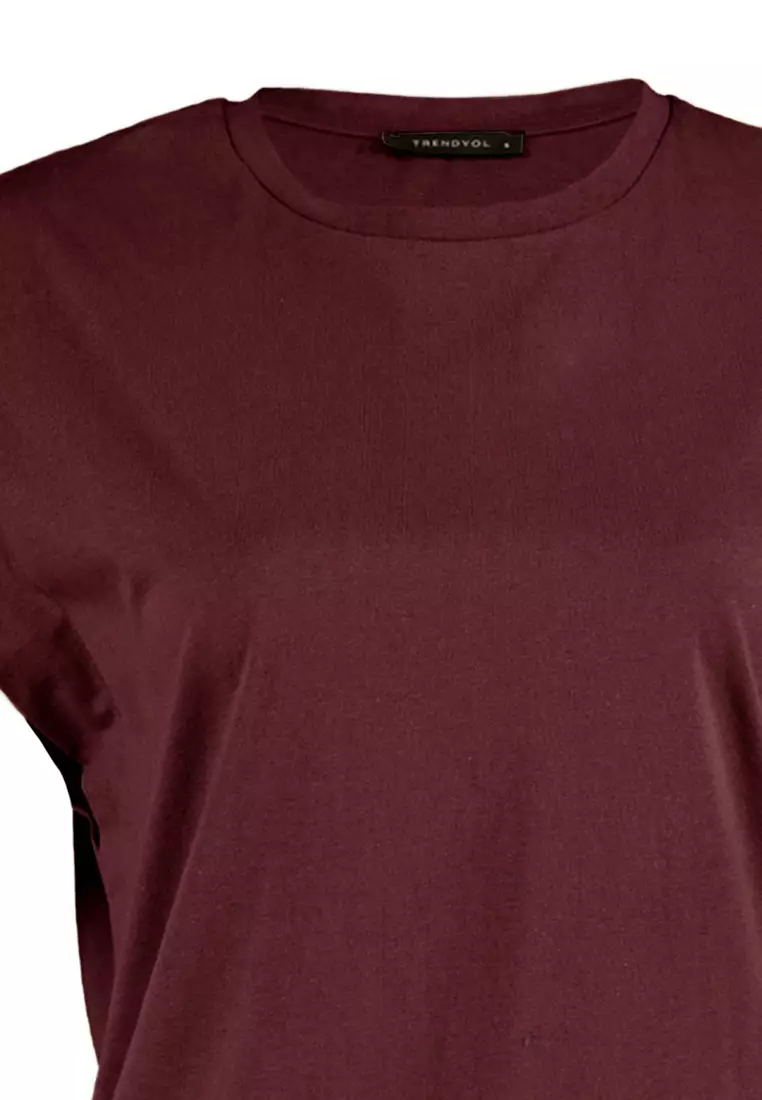 Claret Red 100% Cotton Padded Look Basic Crew Neck Knitted T-Shirt TWOSS20TS0021