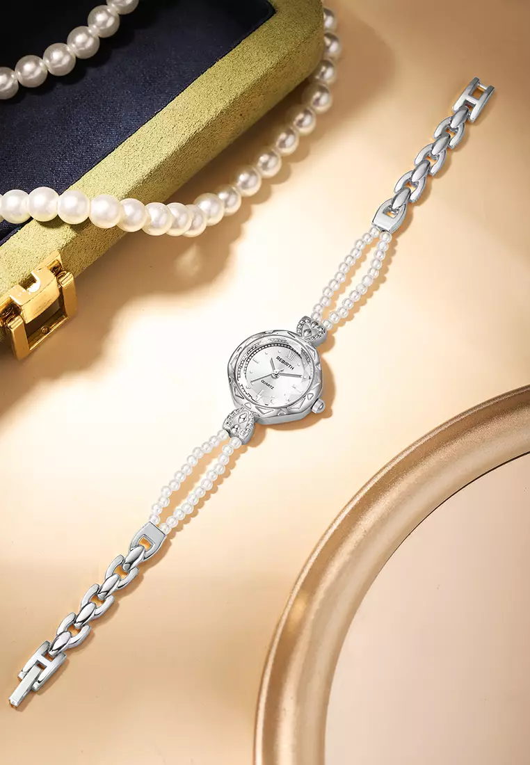 Jam Tangan Wanita Tali Mutiara Alloy Anti Air Quartz Elegan Warna silver white