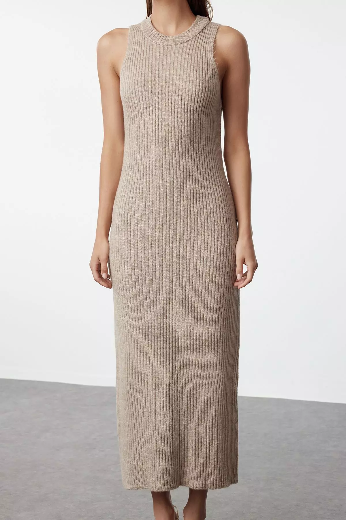 Light Brown Corded Soft Textured Knitwear Dress Cardigan Suit TCTAW25US00049