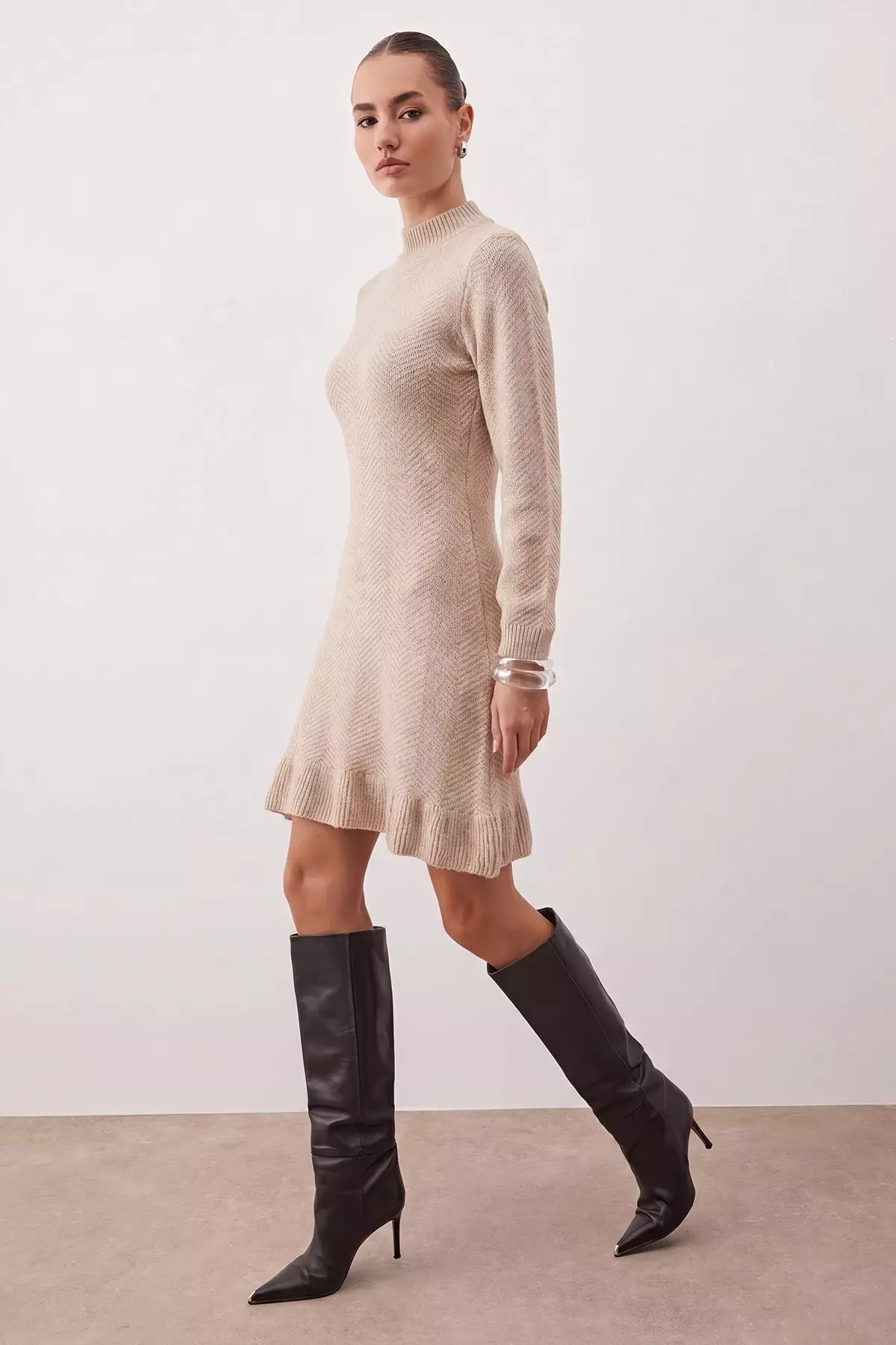 Stone Plain Short / Mini Ruffle High Neck Knitwear Dress Twoaw26El00099