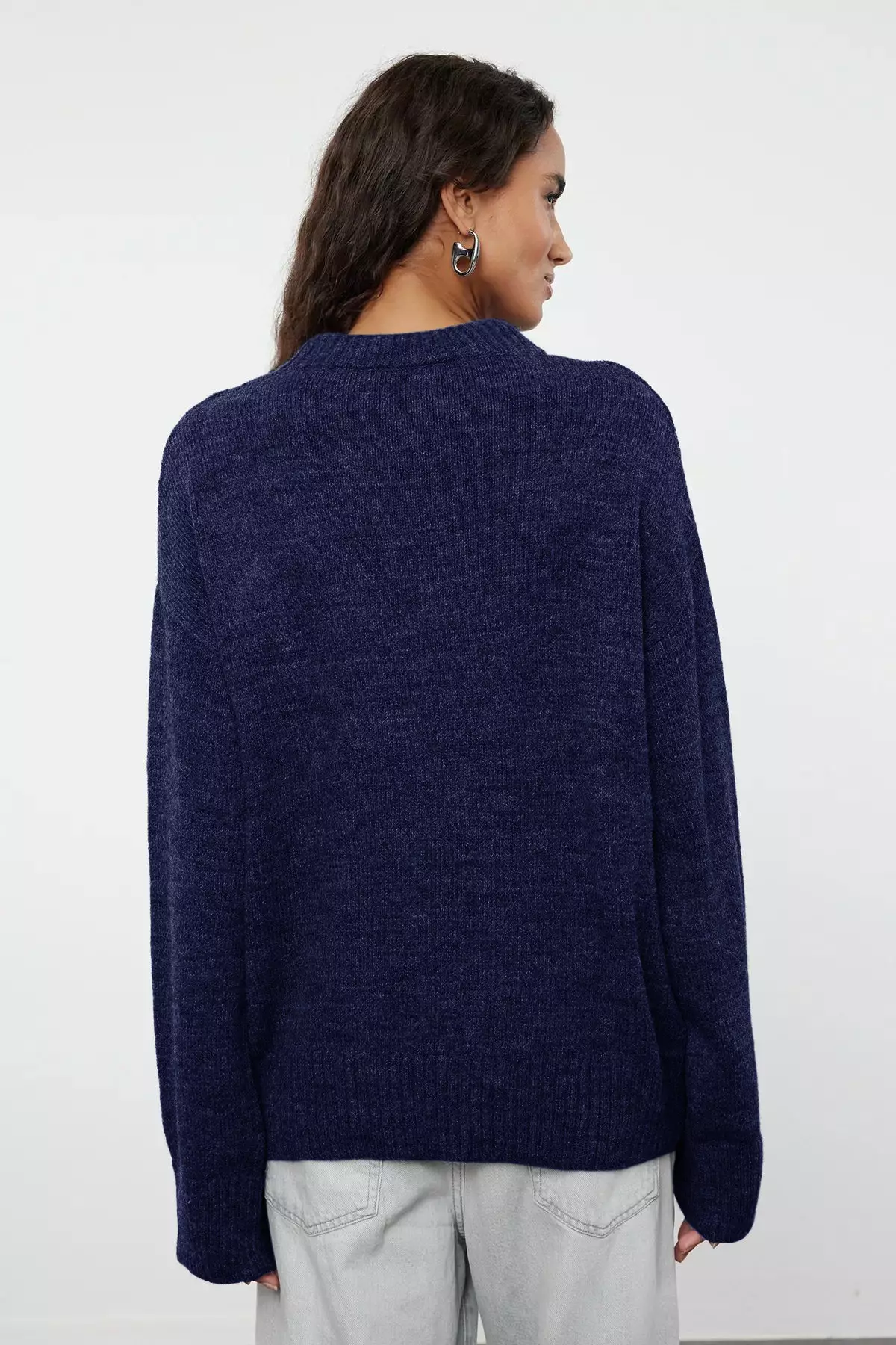 Navy Blue Wide Fit Soft Textured Knitwear Sweater