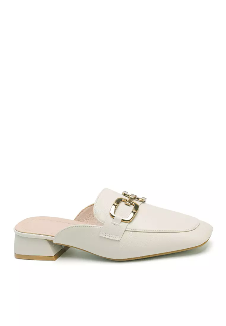 White mules with deals buckle