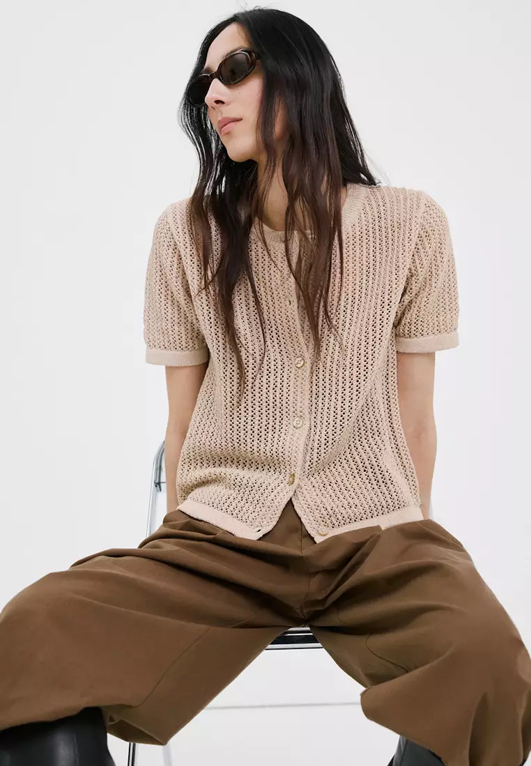 Short-Sleeved Openwork Knitted Cardigan